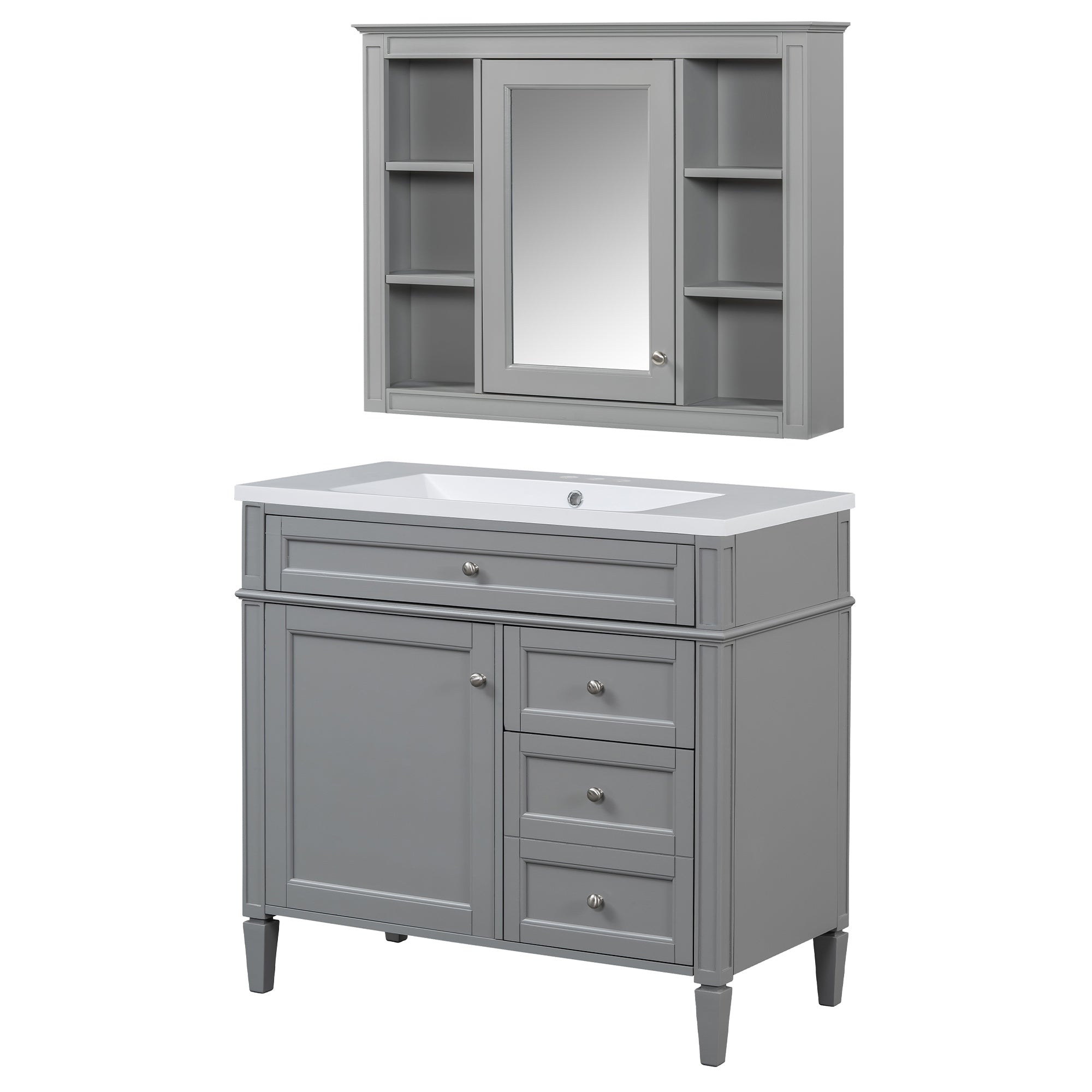 VanityFus 36-in Grey Bathroom Vanity Undermount Single Sink Combo Resin Top with 2 Soft Close Doors 3 Drawers Adjustable Shelves
